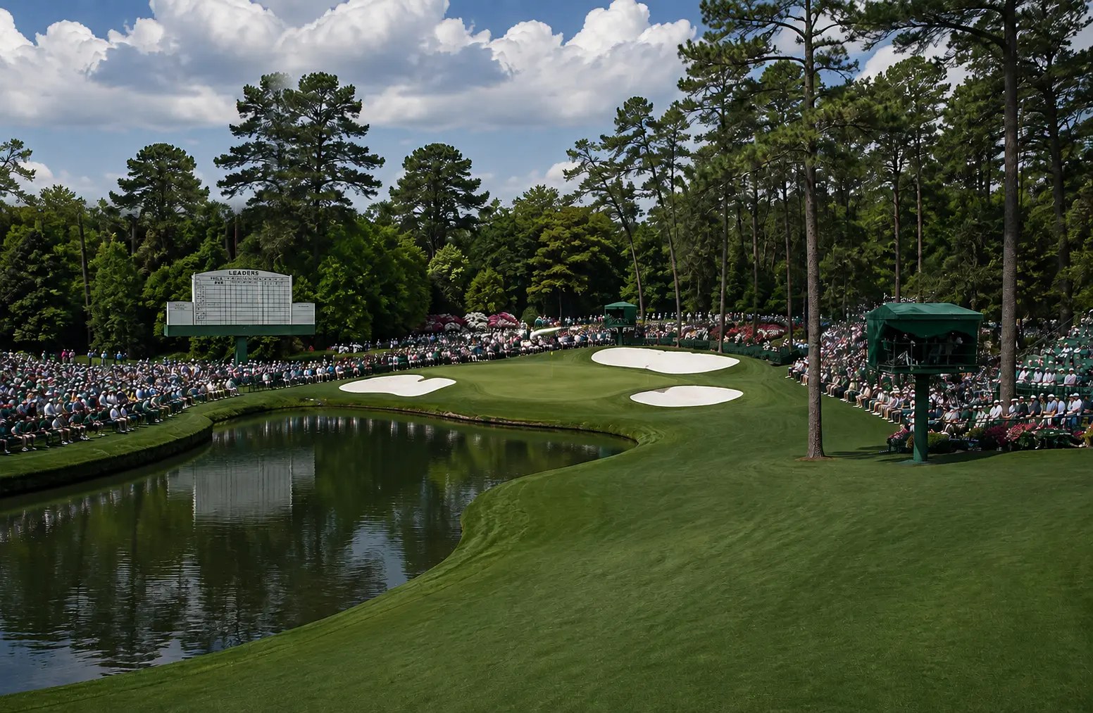 Par 3 golf hole across water, gallery under tall pines